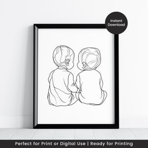 Tweeling baby&#39;s zeer fijne tekeningen, tweeling kinderkamer wanddecoratie, cadeaus voor tweelingmoeder, Moederdag, een lijntekening van een tweeling, digitale download LA001