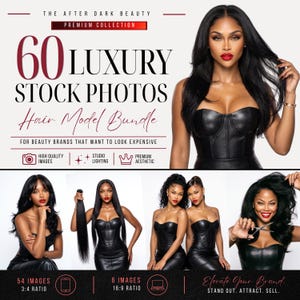 Può includere: Immagine promozionale per un pacchetto di modelli di capelli. L'immagine presenta una donna con lunghi capelli neri e rossetto rosso. Il testo include "60 Foto Stock di Lusso Hair Model Bundle" e "Per marchi di bellezza che vogliono apparire costosi."