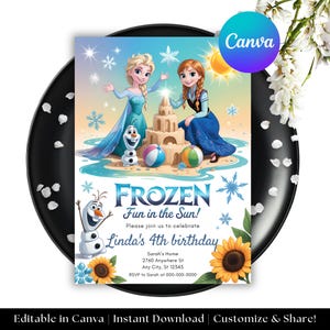 Editable Frozen Summer Fun Birthday Invitation Card, Frozen Party, Elsa Anna Olaf Invite Party, Editable Canva Template, Girl Birthday OR001