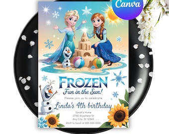 Frozen Summer Birthday Invitation, Elsa Anna Olaf, Editable Canva Template (Digital Download)