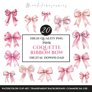 Pink Coquette Bow Clipart Bundle PNG, Pink Bow Clipart, Watercolor Ribbon Bow Clip Art, Coquette Aesthetic, Digital Download PK003