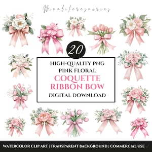 Pink Floral Coquette Bow Clipart Bundle PNG, Pink Bow Clipart, Watercolor Ribbon Bow Clip Art, Coquette Aesthetic, Digital Download PK003