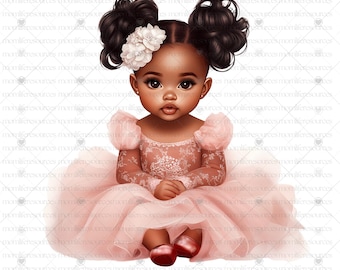 Black Baby Girl Clipart, Pink Dress, Baby Shower (Digital Download)