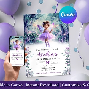 Carte d’anniversaire de fée, Invitation Anniversaire Fée, Jardin Enchanté Fille, Carte à Personnaliser sur Canva, Fête Magique à Imprimer
