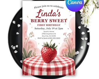 Strawberry Birthday Invitation Card, Berry Party, Canva Template (Digital Download)