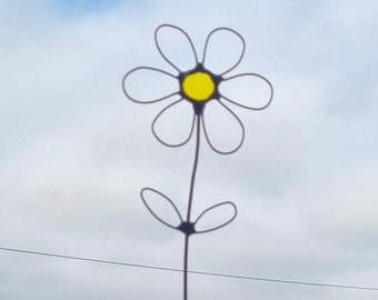 Wire and yellow stained glass flower ornament with wooden block stand. Lovely gift Christmas, Easter, Birthdays, unusual anytime gift.