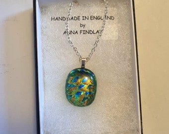 Dichroic glass pendant and chain. Beautiful gift. Christmas, birthdays, anytime. Catches light.