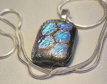 Fused dichroic glass pendant on 16" sterling silver plated chain. Boxed. Beautiful gift. Birthdays, Mother's Day, Easter, anytime.