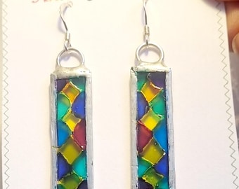 Painted glass earrings presented in organza bag.  Colourful unusual gift. Birthdays, Christmas, Mother's Day, anytime gift.