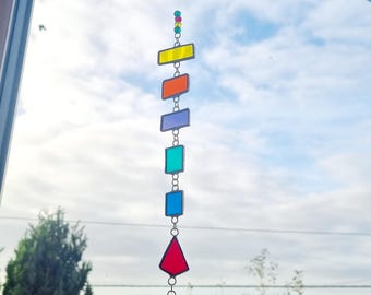 Stained glass shapes hanging with crystals and bell. Light catcher. Reflects colours. Unusual gift. Unique. Birthdays, Christmas, anytime.