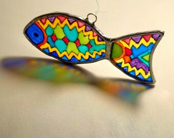 Painted glass fish with patterned design. Sun/light-catcher. Reflects coloured light. Beautiful, unique gift. Birthdays, Christmas, anytime.