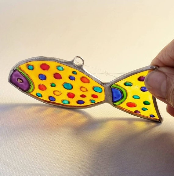 Small Yellow Spotty Painted Glass Fish. Stained Glass Gift. Etsy