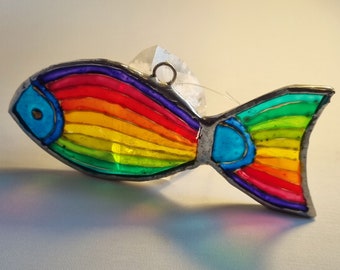 Small painted glass striped fish. Birthday gift. Mother's Day. Easter.  Bathroom/children's room decoration. Sun/light catcher.