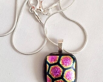 Fused dichroic glass pendant on 16 inch silver plated chain. Boxed. Beautiful, colourful gift. Christmas. Birthdays. Anytime gift.