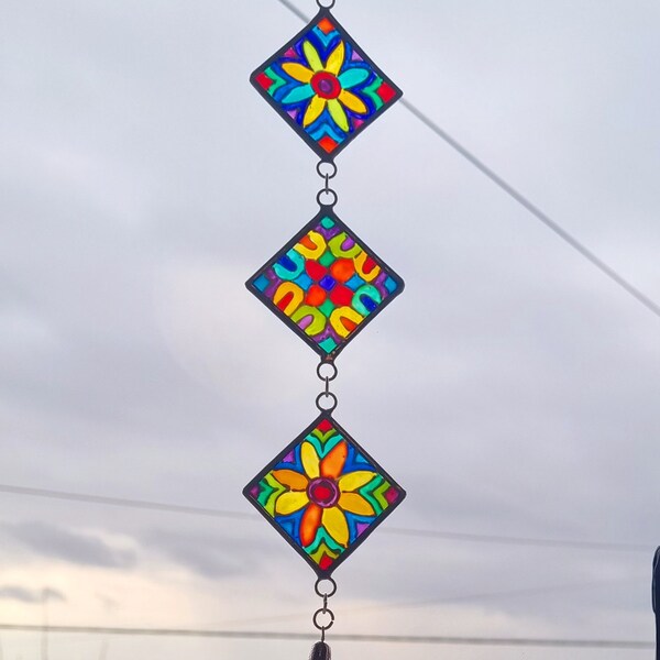 Glass rainbow painted crystal and bell hanging. 21cms. Birthday. Gift. Valentines. Colourful. Light catching. Reflects colours. Decoration.