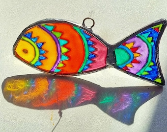 Small painted glass fish in rainbow colours.  Stained glass gift. Birthday gift. Christmas. Bathroom/children's room. Sun/light catcher.