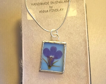 Pressed flower in glass pendant. (Blue lobelia from my garden.) Boxed. 16" silver plated chain. Lovely gift for any occasion.