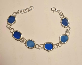 Stained glass and copper foil bracelet. Beautiful blue coloured glass. Adjustable. Birthday. Christmas. Anytime gift. Boxed.