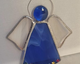 Little blue stained glass angel. 10.3 cms tall. Decoration. Christmas. Birthday. Valentine's. Mother's Day. Anytime gift. Keepsake.