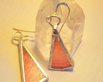 Pink stained glass earrings with sterling silver earwires.  Glass 1.6 x 3.5 cms. On card with white organza bag. Beautiful anytime gift.