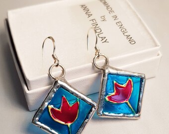 Red tulip glass earrings. Boxed.