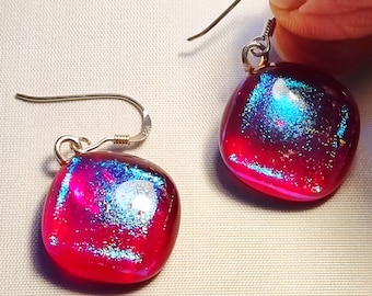 Red dichroic glass earrings. Sterling silver earwires. Boxed as shown. Beautiful and unique gift. Christmas, birthdays, anytime.