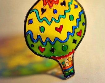 Painted glass hot air balloon with  passengers. Hanging decoration, birthday, Christmas, rainbow, gift, colourful,  children, unusual.