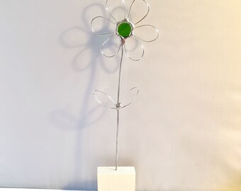Wire and green stained glass flower ornament with wooden block stand. Lovely gift Christmas, Easter, Birthdays, unusual anytime gift.