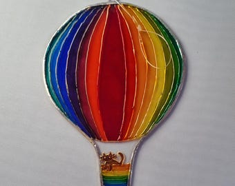 Painted glass balloon with cat. 12.0 x 9.0 cms. Hanging decoration, birthday, Christmas, rainbow, colourful,  children, unusual gift.