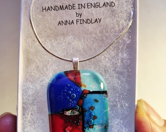 Fused dichroic glass pendant on 18" sterling silver plated chain. Boxed. Beautiful gift. Birthdays, Mother's Day, Easter, anytime.