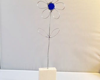 Wire and blue stained glass flower ornament with wooden block stand. Lovely gift Christmas, Easter, Birthdays, unusual anytime gift.