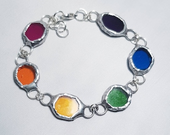 Stained glass and copper foil bracelet. Beautiful rainbow coloured glass. Adjustable. Birthday. Christmas. Anytime gift. Boxed.