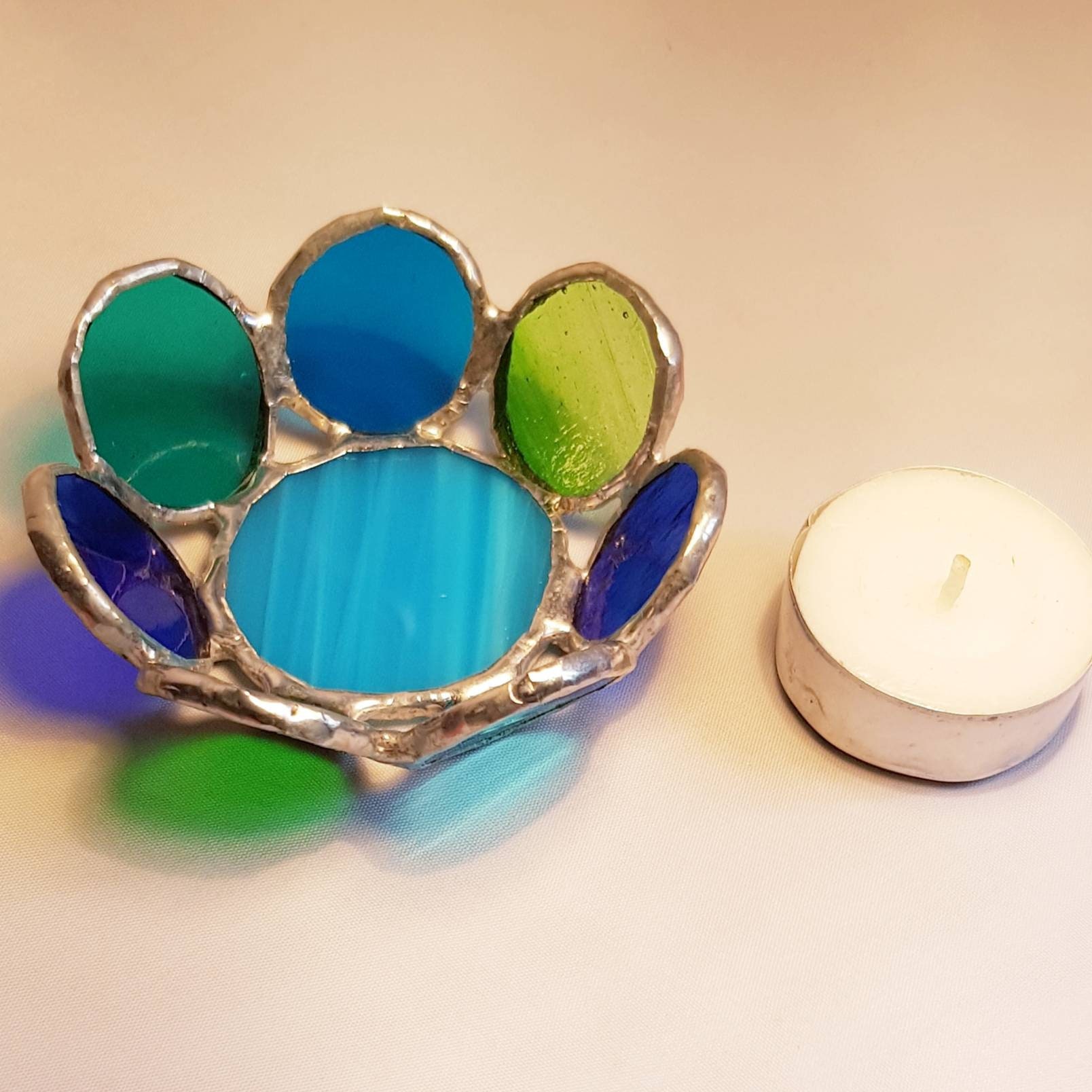 Small Stained Glass Bowl in Blues and Greens for Tea Light Etsy Ireland