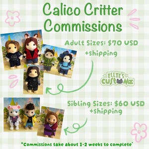 Peut inclure: Une collection de petites figurines d'animaux anthropomorphes vêtues de diverses tenues, notamment des vestes, des gilets et des chemises. Le texte indique Calico Critter Commissions et Ellie's Customz. Les figurines sont présentées par petits groupes.