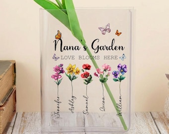 Custom Nana's Garden Birth Month Flowers With Book Vase, Grandmas Garden Vase, Birthday Gift for Mom, Mother's Day Gift, Gift for Book Lover