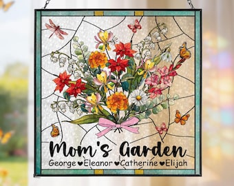Personalized Mom's Garden Glass Suncatcher, Birth Month Flower Glass Art, Custom Nana's Garden Suncatcher, Mothers Day Gift, Grandmas Garden
