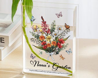Custom Grandma's Garden Flower Vase, Birth Month Flower Hologram With Book Vase, Nanas Garden Vase, Birthday Gift for Mom, Mother's Day Gift