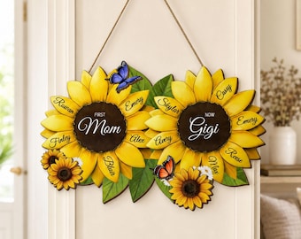 Personalized Sunflower Mom Sign with Kids Names, Mom Birthday Gifts, Sunflower Wall Decor, Sunflower Mom and Grandma Sign, Mother's Day Gift