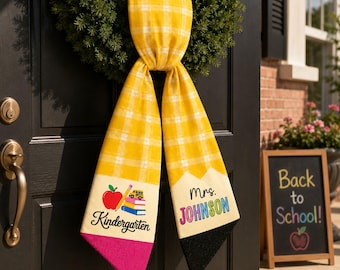 Personalized Teacher Wreath Sash, Pencil Bow Yellow Gingham Ribbon, Custom Name Classroom Door Sign, Back to School Teacher Gift, Door Decor