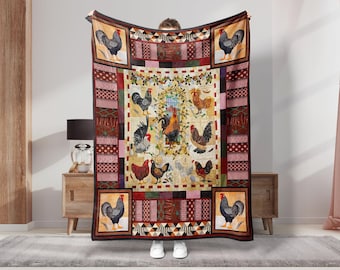 May include: A large, rectangular quilt featuring a patchwork design with various rooster illustrations. The quilt showcases a color palette of brown, red, and beige, with decorative borders and a central rooster motif. The quilt is held up by a person.