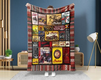 Vintage Indian Motorcycle Blanket, Biker Blanket, Motorbike Fleece Sherpa Blanket, American Motorcycle Blanket, Retro Motorcycle Blanket