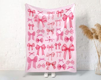 Coquette Pink Bow Fleece Sherpa Blanket, Daughter Blanket, Pink Ribbon Blanket, Aesthetic Blanket, Soft Girl Gift, Girlfriend Christmas Gift