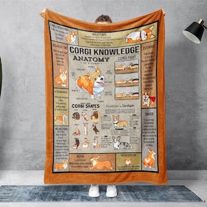 May include: An orange blanket featuring a detailed diagram of a Corgi's anatomy and daily routine, with text including "Corgi Knowledge" and "Corgi Shapes". The blanket has a tan border and is held up by a person.