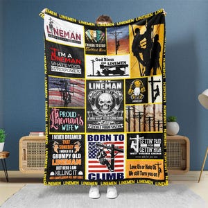 May include: A black and yellow blanket with various graphics and text related to linemen. The blanket features images of electrical wires, American flags, and the text "I'm a Lineman, What's Your Superpower?" and "Born to Climb".