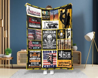 American Lineman Blanket, Skull Lineman Fleece Sherpa Blanket, Lineworker Blanket, Electrician Blanket, Electrical Blanket, Electric Blanket