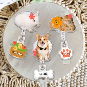 Custom Pet Portrait Badge Reel with Charm: Acrylic Photo ID Holder