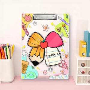 Custom Teacher Name Acrylic Clipboard, Teacher Appreciation Gift, Custom Teacher Coquette Clipboard, Cute Teacher Pencil Bow, Teacher Gifts