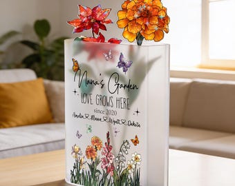 Custom Birth Month Flowers Hologram With Book Vase, Custom Family Birth Flower Gifts For Mom, Botanical Decor, Mothers Day Gift From Kids