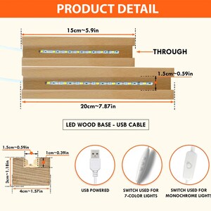 K&ouml;nnte beinhalten: Ein LED-Holzsockel mit USB-Kabel. Der Sockel ist 20 cm lang und 15 cm breit. Der Leuchtk&ouml;rper verf&uuml;gt &uuml;ber zwei Reihen von LED-Leuchten und einen Schalter zum Ein- und Ausschalten der Leuchten. Der Schalter wird f&uuml;r 7-Farben-Leuchten und monochromatische Leuchten verwendet.