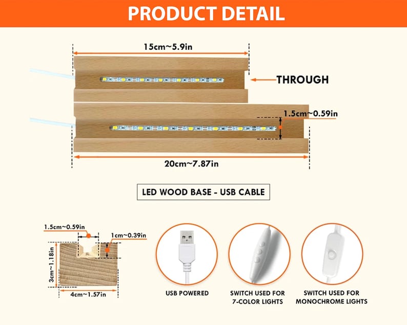 K&ouml;nnte beinhalten: Ein LED-Holzsockel mit USB-Kabel. Der Sockel ist 20 cm lang und 15 cm breit. Der Leuchtk&ouml;rper verf&uuml;gt &uuml;ber zwei Reihen von LED-Leuchten und einen Schalter zum Ein- und Ausschalten der Leuchten. Der Schalter wird f&uuml;r 7-Farben-Leuchten und monochromatische Leuchten verwendet.